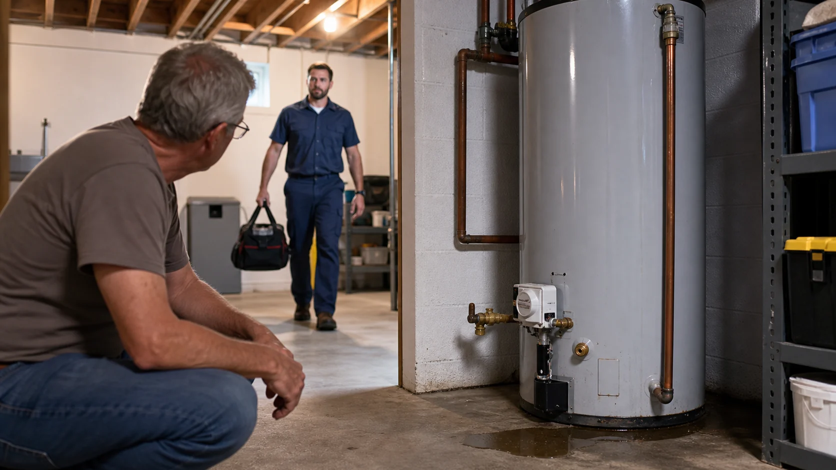 Older water heater with a small leak while a technician arrives