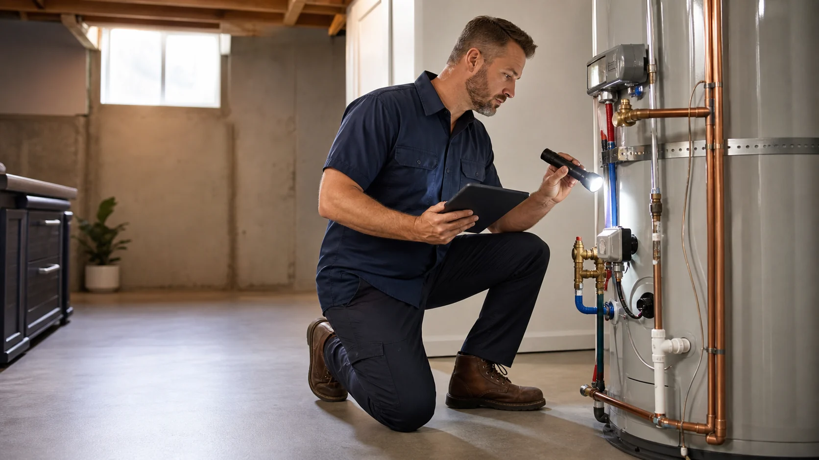 Professional technician inspecting a residential water heater in a clean utility room
