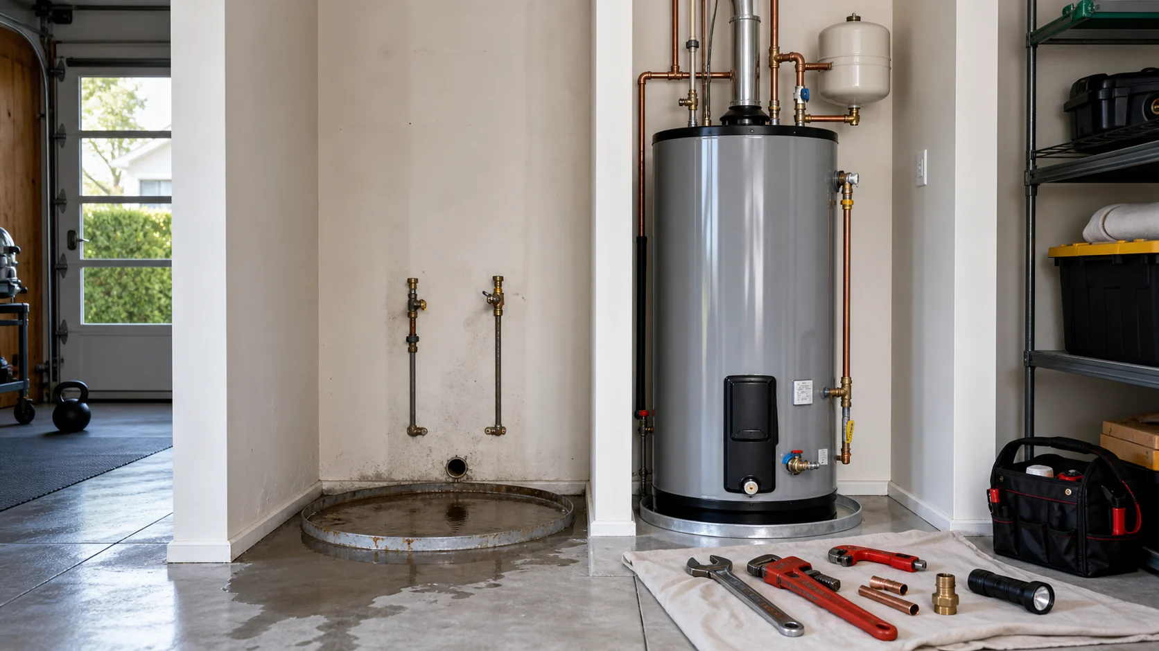 Water heater replacement scene showing old removed area and new installed water heater