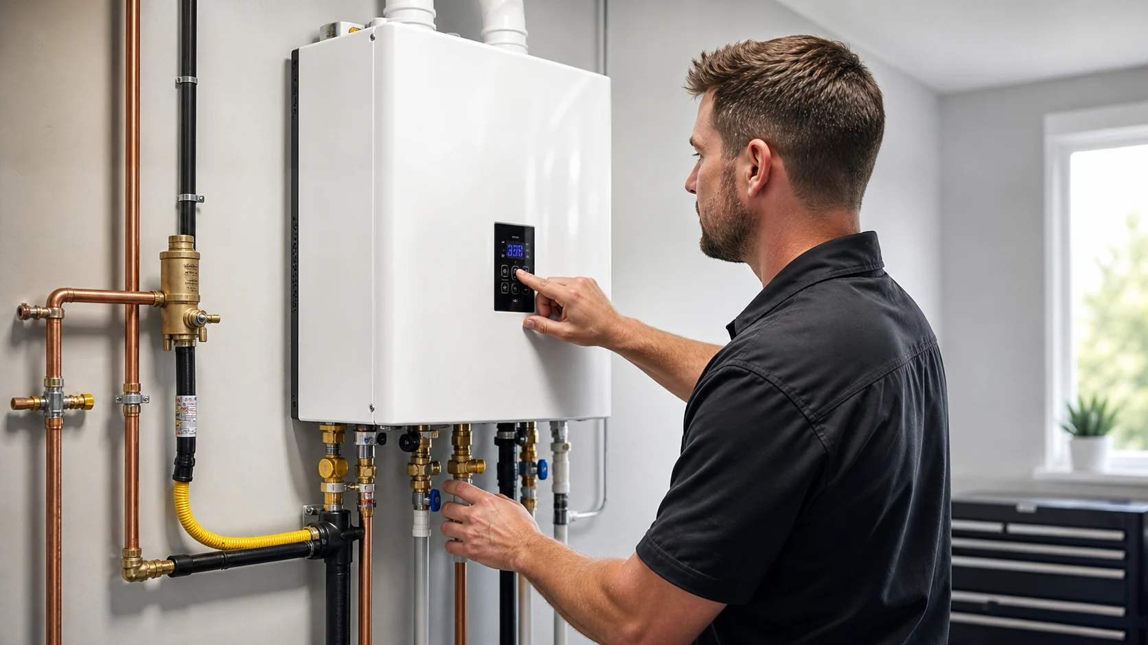 Technician checking a wall-mounted tankless water heater installation